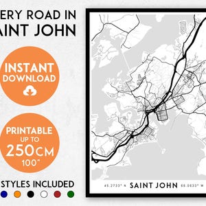 Saint John map print, Printable New Brunswick map art, Saint John print, Saint John art, Saint John poster, Saint John wall art, Canada map