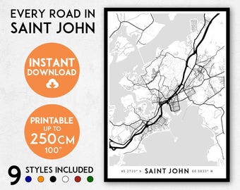 Saint John map print, Printable New Brunswick map art, Saint John print, Saint John art, Saint John poster, Saint John wall art, Canada map