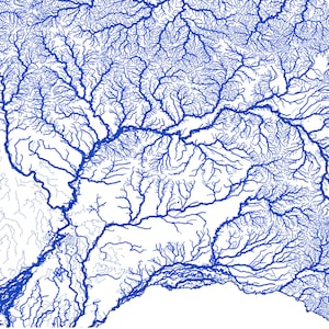 May include: A detailed blue and white map of a river system. The map shows the intricate network of rivers and tributaries, highlighting the flow of water through the landscape.