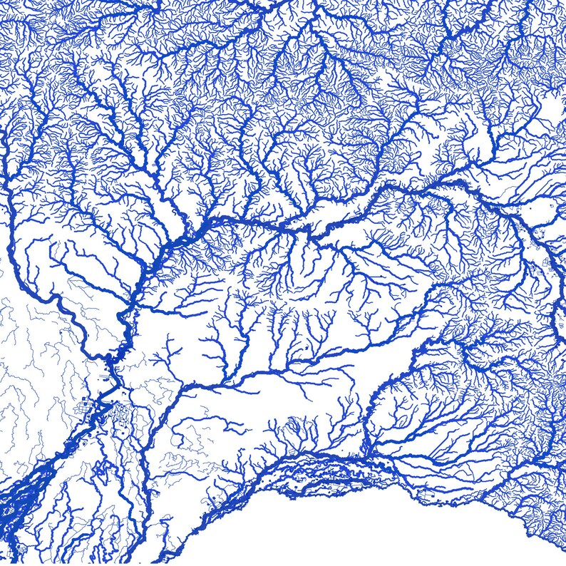 May include: A detailed blue and white map of a river system. The map shows the intricate network of rivers and tributaries, highlighting the flow of water through the landscape.