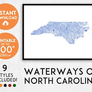 Mappa delle vie navigabili della Carolina del Nord, stampa artistica (download digitale)