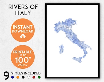 Italy Rivers Map Art Print: Detailed Topography (Digital Download)