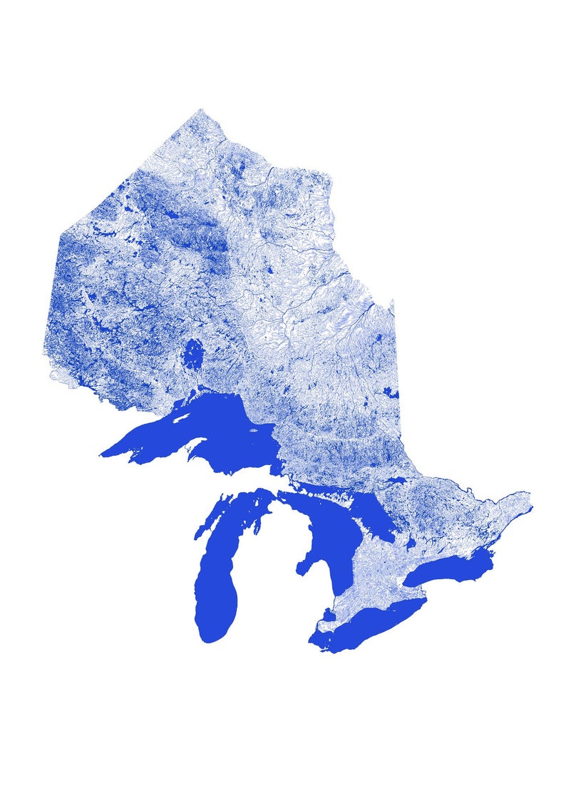 Peut inclure: Une carte bleue et blanche de la r&eacute;gion des Grands Lacs d'Am&eacute;rique du Nord, montrant les principaux fleuves et lacs de la r&eacute;gion.
