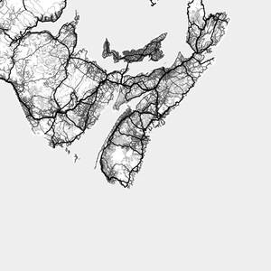 May include: A black and white map of a coastal region with a network of roads and waterways.
