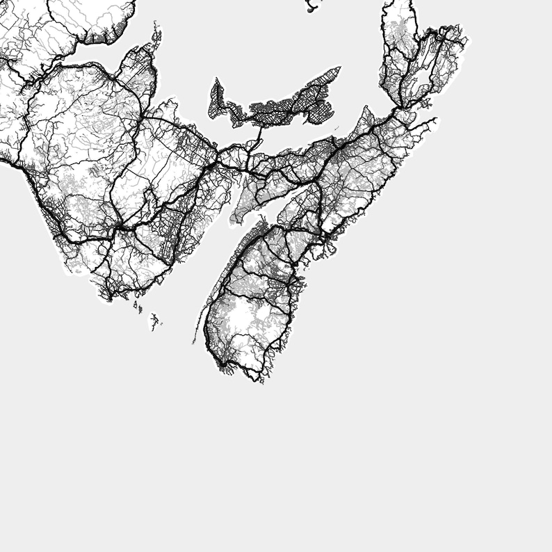 May include: A black and white map of a coastal region with a network of roads and waterways.
