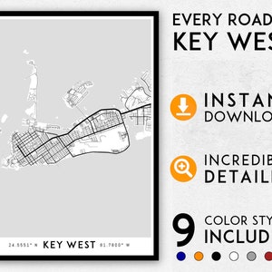 Key West-kaart afdrukken, Key West afdrukken, kaart Florida Keys, stadsplattegrond Key West, Key West-poster, kunst aan de muur Key West, kaart van Key West, kunst Key West