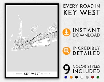 Key West City Map Art Print: Detailed Florida Keys Map (Digital Download)