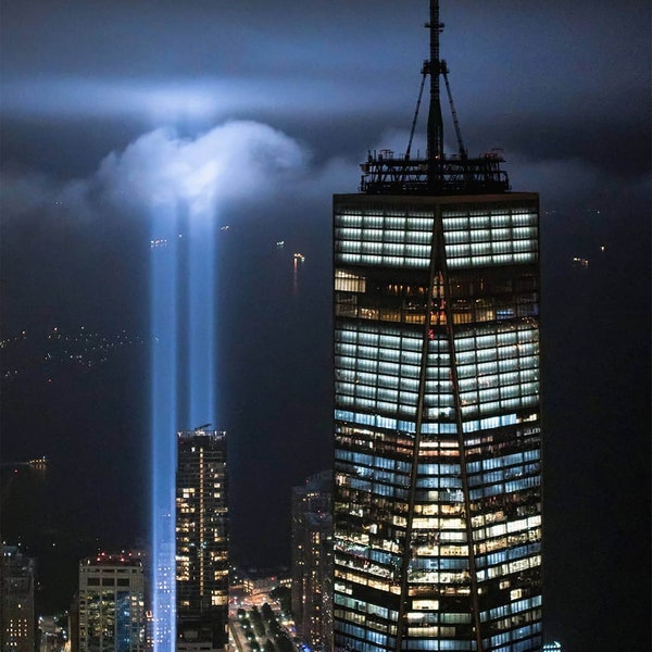 NYC Aerial Photography, New York Print, Travel Photography, Tribute in Lights, NYC Landmarks, One World Trade, 9/11 “Freedom Tribute"