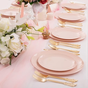 60 pc. pink with gold rim disposable plastic plates for wedding, baby and bridal showers, receptions