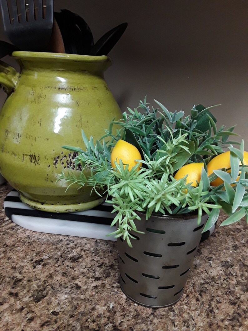 Tin olive bucket with lemon and herb greenery for farmhouse Etsy