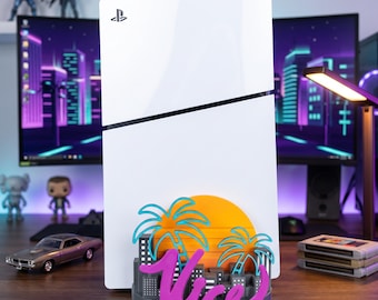 Suporte para console PS5 com paisagem urbana neon | Acessório de mesa retrô synthwave para PlayStation 5 Slim e Original | Presente para setup gamer dos anos 80