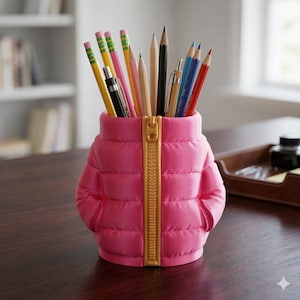 Puede incluir: Un organizador de escritorio rosa con forma de chaqueta acolchada con cremallera dorada. El organizador está lleno de lápices, bolígrafos y lápices de colores. Los lápices son amarillos, rosas, negros y de color madera natural.