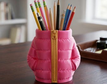 Pink Puffer Jacket Pen Pot | 3D Printed Desk Organizer, Office Decor