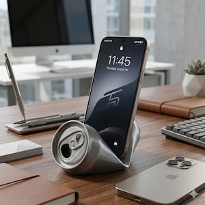 Può includere: Un supporto per telefono argentato, realizzato con una lattina di alluminio riciclata, sostiene uno smartphone che mostra l'ora 11:45 e la data giovedì 1 agosto. Altri articoli per l'ufficio sono su una scrivania di legno.