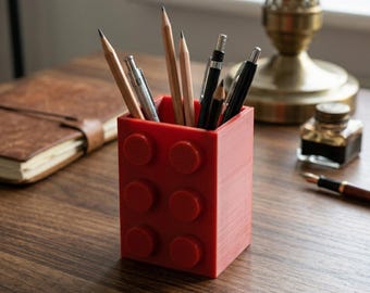 Porta-lápis grande em formato de bloco de construção – Organizador de mesa retrô em PLA para escritório.