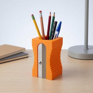 May include: An orange pencil holder, designed to resemble a pencil sharpener, with a silver blade detail. It contains several pencils and pens of different colours. The design is modern and functional, suitable for a desk or workspace.