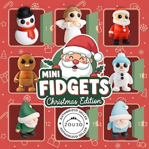 Pode incluir: Uma exibição festiva de Mini Fidgets: Edição de Natal. A imagem mostra um fundo vermelho com várias figuras temáticas de Natal, incluindo um boneco de neve, um anjo, o Pai Natal, um homem de gengibre e gnomos. O texto "Mini Fidgets Christmas Edition" é exibido de forma proeminente.