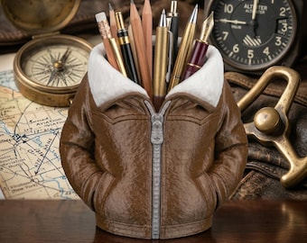 Leather Bomber Jacket Pen Holder – Aviator Desk Organizer, Pilot Biker Gift