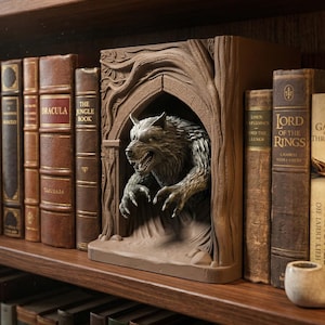 Könnte beinhalten: Ein detaillierter brauner Werwolf-Buchstützen-Skulptur mit bedrohlichem Ausdruck, der aus einem geschnitzten Torbogen hervortritt. Die Buchstütze steht auf einem Holzregal mit mehreren Büchern, darunter "Dracula".