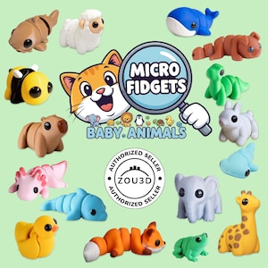 Op de afbeelding: Een verzameling kleurrijke, miniatuur dierenfiguren, waaronder een bij, een walvis en een vos. De afbeelding bevat de tekst "MICRO FIDGETS BABY ANIMALS" en een logo voor ZOU3D, een geautoriseerde verkoper. De achtergrond is lichtgroen.
