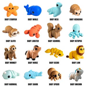 May include: A collection of colorful, miniature animal figurines, including a starfish, whale, Nessie, hedgehog, sloth, lobster, squirrel, octopus, monkey, horse, gecko, lion, narwhal, shark, spider, and unicorn. Each figurine has the word "BABY" above its name.