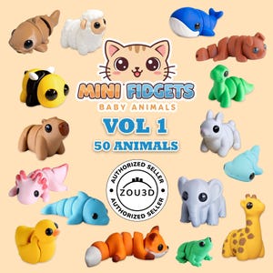 May include: A selection of colourful, miniature animal fidget toys. The image shows various animals, such as a whale, bee, and elephant. The text "Mini Fidgets Baby Animals Vol 1 50 Animals" is displayed.