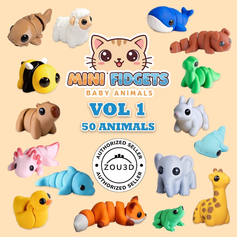 May include: A collection of colorful, miniature animal fidget toys. The image features a variety of animals, including a whale, bee, and elephant. The text "Mini Fidgets Baby Animals Vol 1 50 Animals" is displayed.