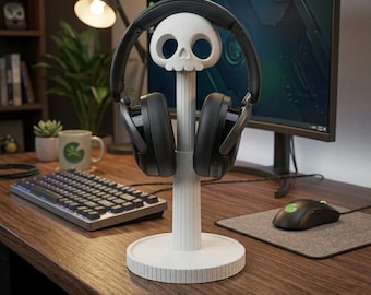Skull Headphone Stand | 3D Printed Matte White Gamer Desk Accessory