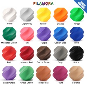 May include: A collection of 20 colorful, swirled objects, each labeled with a color name. Colors include white, gray, yellow, orange, green, pink, purple, blue, red, brown, and black. The text "FILAMORA STUDIOS" and "BASIC COLOURS" are also visible.