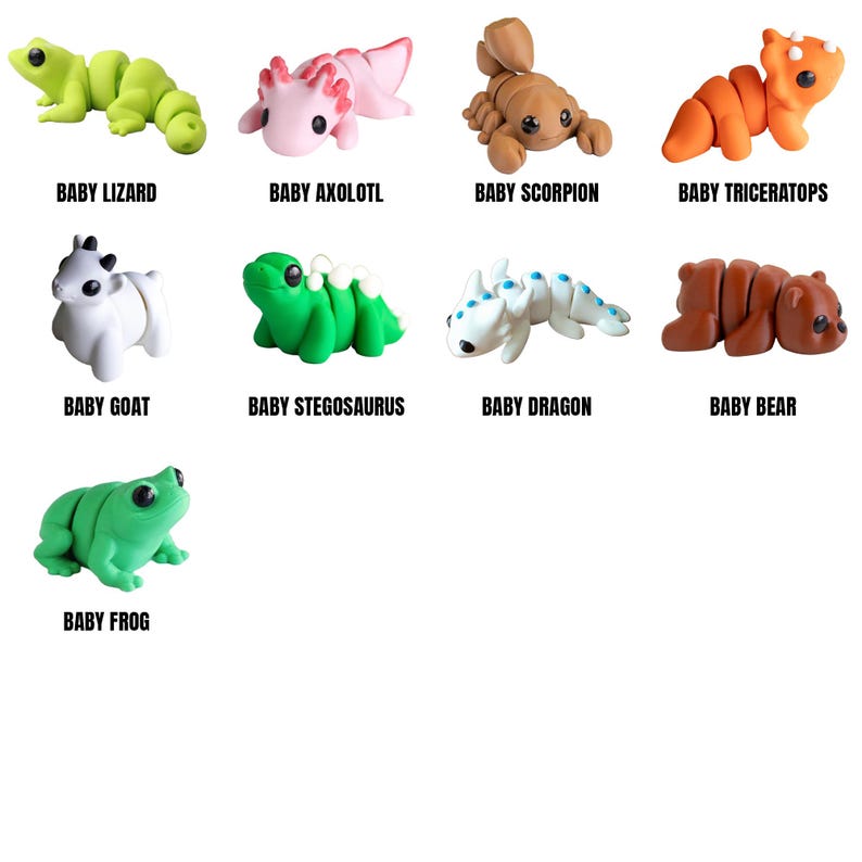 May include: A collection of colorful, handcrafted figurines of various baby animals and creatures. The set includes a green lizard, pink axolotl, brown scorpion, orange triceratops, white goat, green stegosaurus, white dragon, brown bear, and green frog. Each figurine has the name of the animal below it.