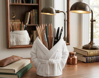 Cozy White Bathrobe Desk & Vanity Organizer | Unique Pen, Pencil and can Holder