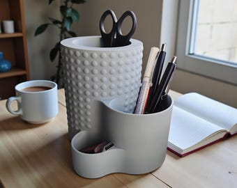 Porta-lápis impresso em 3D – Organizador de mesa em camadas, armazenamento de material de escritório com textura tátil.