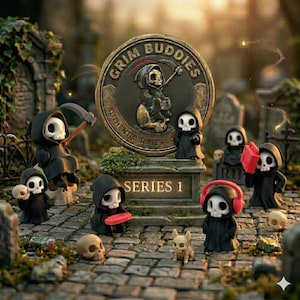 Grim Buddies Series 1 Collectible Set – 7 Kawaii Goth Reaper Figures, Desk Decor
