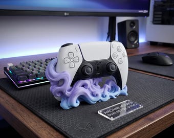 Suporte para Controle PS5 DualSense Impresso em 3D com Ondas | Decoração de Mesa Gamer com Ondas e Fumaça | Acessório para PS5 e Presente Ideal para Gamers
