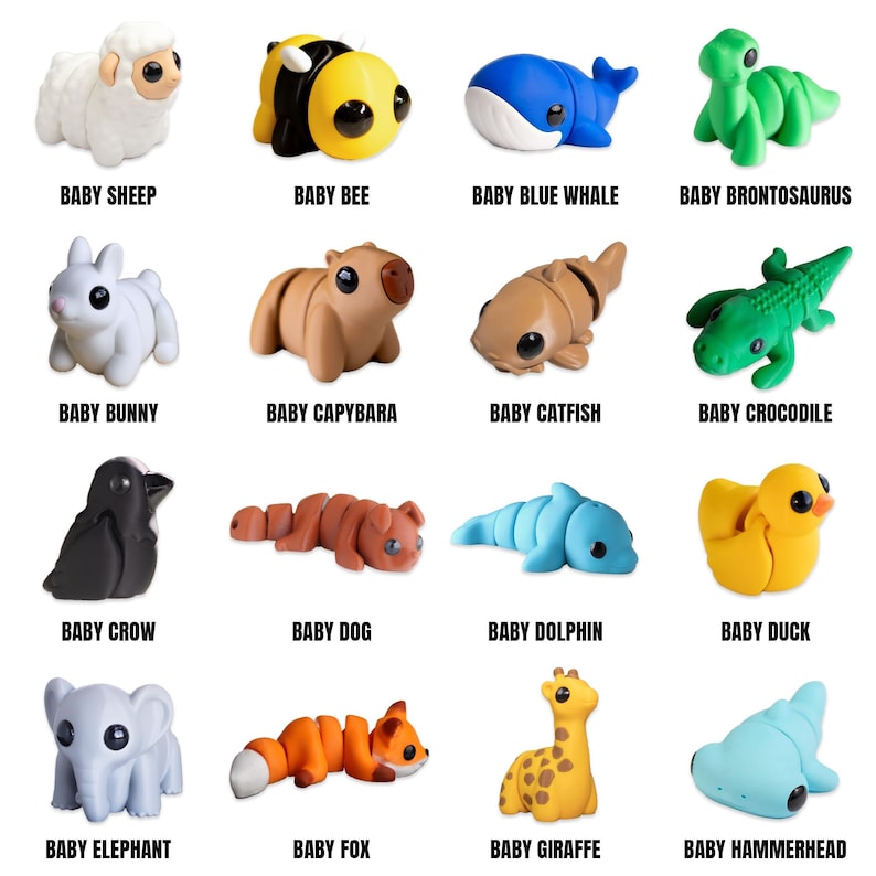 May include: A collection of sixteen small, colorful animal figurines. The figurines include a sheep, bee, whale, brontosaurus, bunny, capybara, catfish, crocodile, crow, dog, dolphin, duck, elephant, fox, giraffe, and hammerhead. Each figurine has the word "BABY" before the animal name.