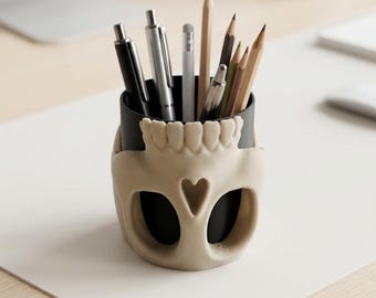 Porta-canetas em formato de caveira impresso em 3D | Organizador de mesa gótico, decoração de escritório para o Halloween