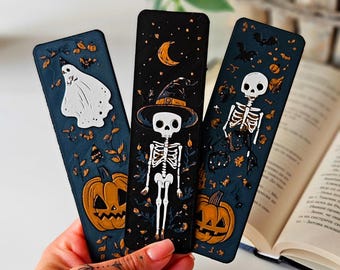 Conjunto de marcadores de esqueleto e abóbora de Halloween – Marcadores góticos de fantasia de outono | Presente de bruxa para leitores do Reino Unido