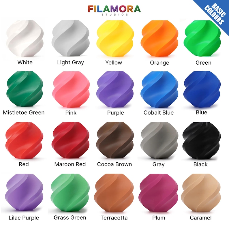 Puede incluir: Una colecci&oacute;n de 20 objetos esf&eacute;ricos arremolinados en varios colores, incluyendo blanco, gris claro, amarillo, naranja, verde, rosa, morado, azul, rojo, marr&oacute;n y negro. Cada esfera tiene una etiqueta con el nombre de su color. El texto "BASIC COLOURS" est&aacute; en la esquina superior derecha.