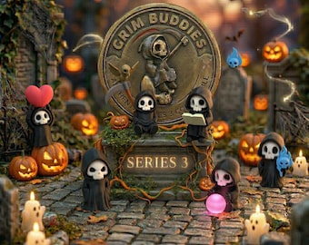 Figuras coleccionables de la serie 3 de Grim Buddies: decoración de cementerio encantado para Halloween.