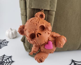 Chaveiro Urso Zumbi Impresso em 3D, Rosto de Caveira Assustador, Pingente de Coração Rosa (Acessório de Halloween)