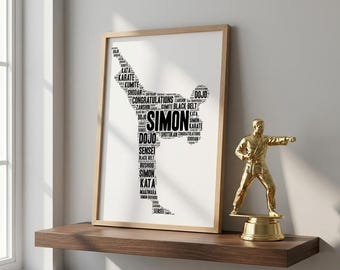 Impressão personalizada com arte em forma de palavra sobre karatê – Presente personalizado para artes marciais, lembrança com silhueta de dojo.