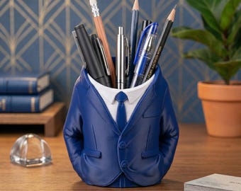 Dapper Desk Organizer: Hand-Crafted Blue Suit Pencil Cup with Gold Accents