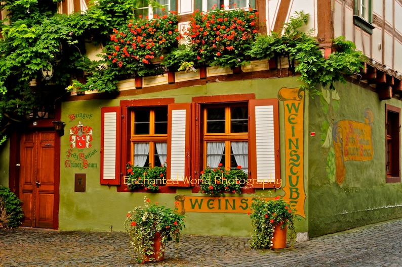 Rhine River village photo, German Weinstube print, photo of Germany, Bar art decor, German gift, Rudesheim photo, Germany travel photography image 1