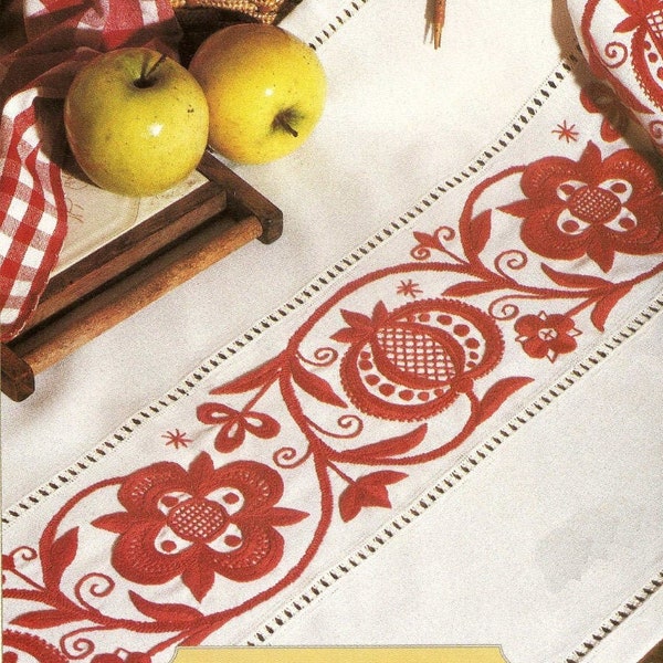 vintage Hungarian table runner, tablecloth, red-work, nyugat-dunantuli embroidery pattern, JPEG instant download,