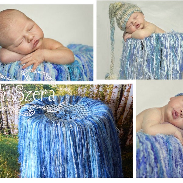 Photo prop yarn fringe blanket for baby boy photography white blue colors, newborn photograpy, basket filler blanketcocoon hammock,
