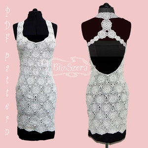 May include: White crochet dress with a unique open back design. The dress is sleeveless and has a fitted silhouette.