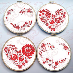Kalocsai Heart Embroidery Pattern Set: Hungarian Folk Art (PDF, SVG)
