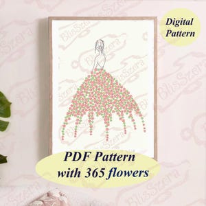 May include: A framed print featuring a line drawing of a woman from the back, wearing a dress made of pink and green flowers. The text "PDF Pattern with 365 flowers" is at the bottom, with "Digital Pattern" at the top.