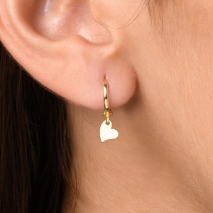 Gold Dangle charm Huggie earring, Mini Heart Hoops Earrings, Small Minimalist Earrings, Dainty Hoop Earrings, Heart Earrings