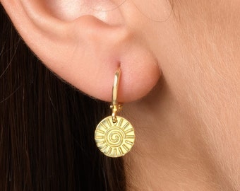 Stamped Coin Hoop Earrings, Tiny Hoops in Gold, Earrings For Women, Gift For Her, Everyday Jewelry